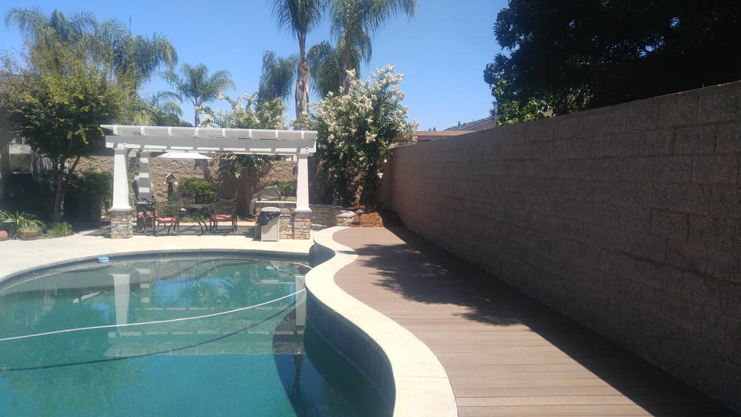 Luxury backyard pool area with tall palm trees, patio, and stone wall.