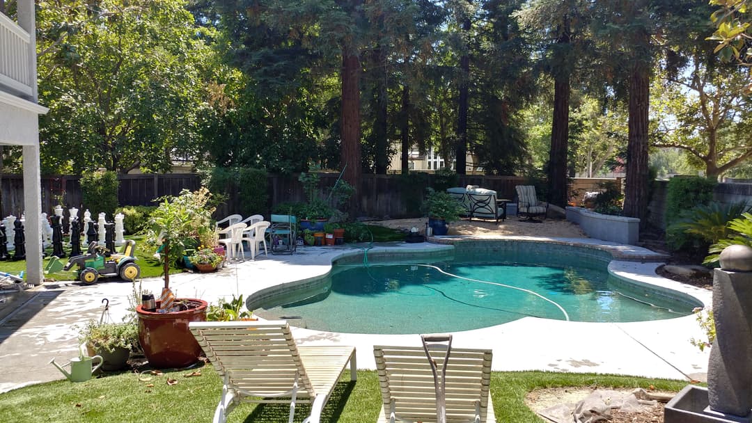 backyard oasis with swimming pool, lounge chairs, lush greenery, and garden decorations