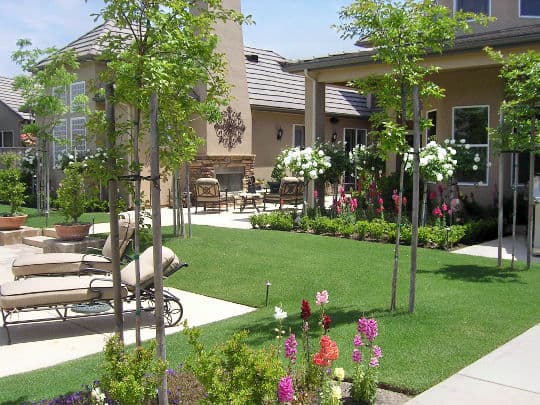 Lush suburban garden with flowering plants, green grass, and outdoor seating area.