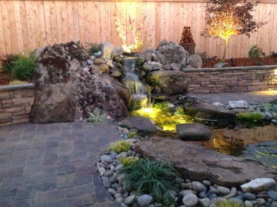 Serene backyard oasis with a waterfall, stone pathway, and illuminated rocks and plants.