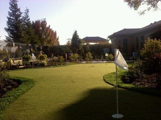 Artificial putting green with flags in a landscaped backyard garden under sunlight.