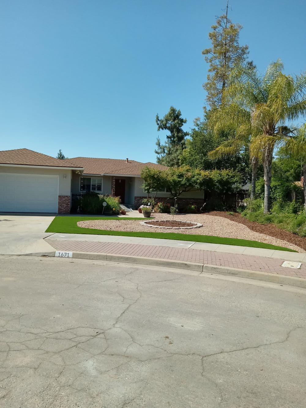 Single-family home with landscaped front yard and palm trees on sunny street. 1674 address.